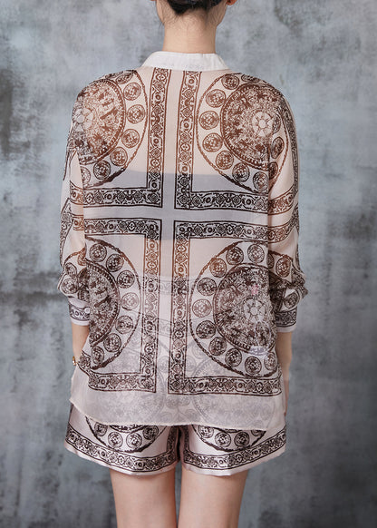 Khaki Print Chiffon Two Piece Suit Set Summer