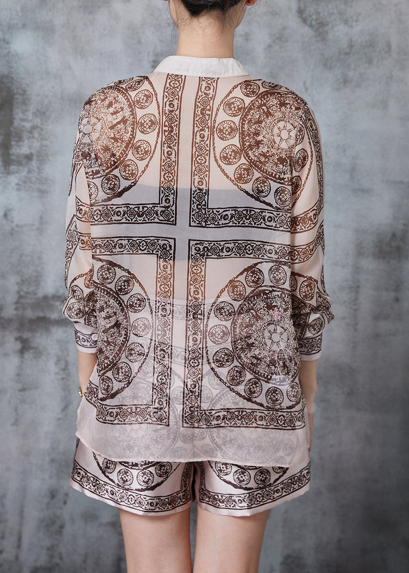 Khaki Print Chiffon Two Piece Suit Set Summer