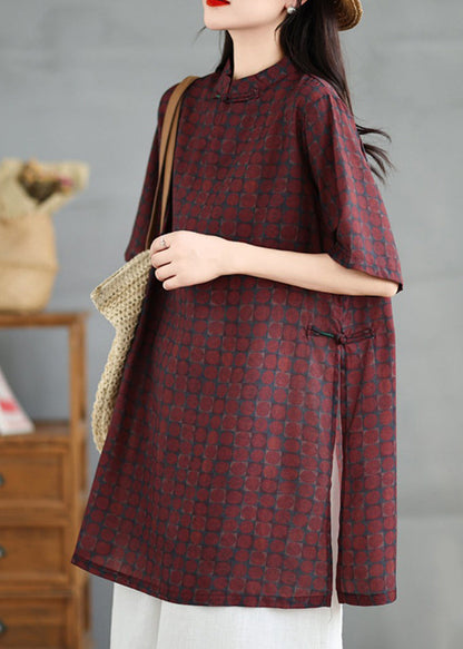 Red Stand Collar Print Side Open Cotton Dress Summer