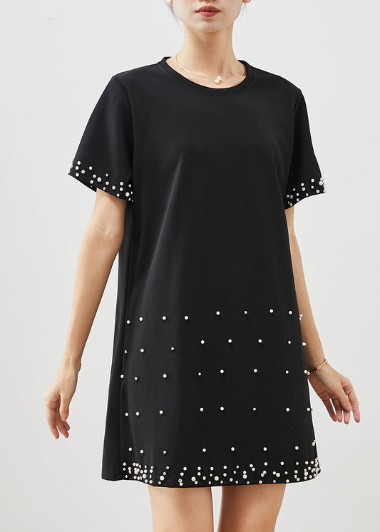 Black Nail Bead Cotton Mid Dress Summer