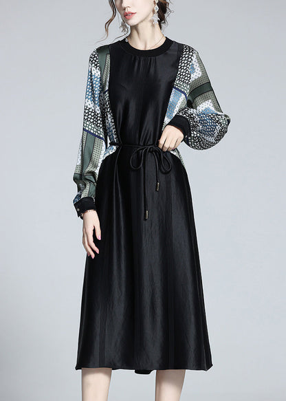 Black O-neck Print Patchwork Tie Waist Satin Vacation Long Dresses Long Sleeve