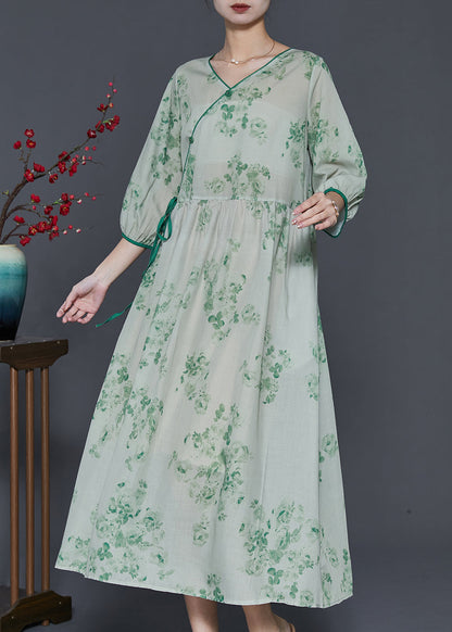 Green Print Linen Long Dress Bracelet Sleeve
