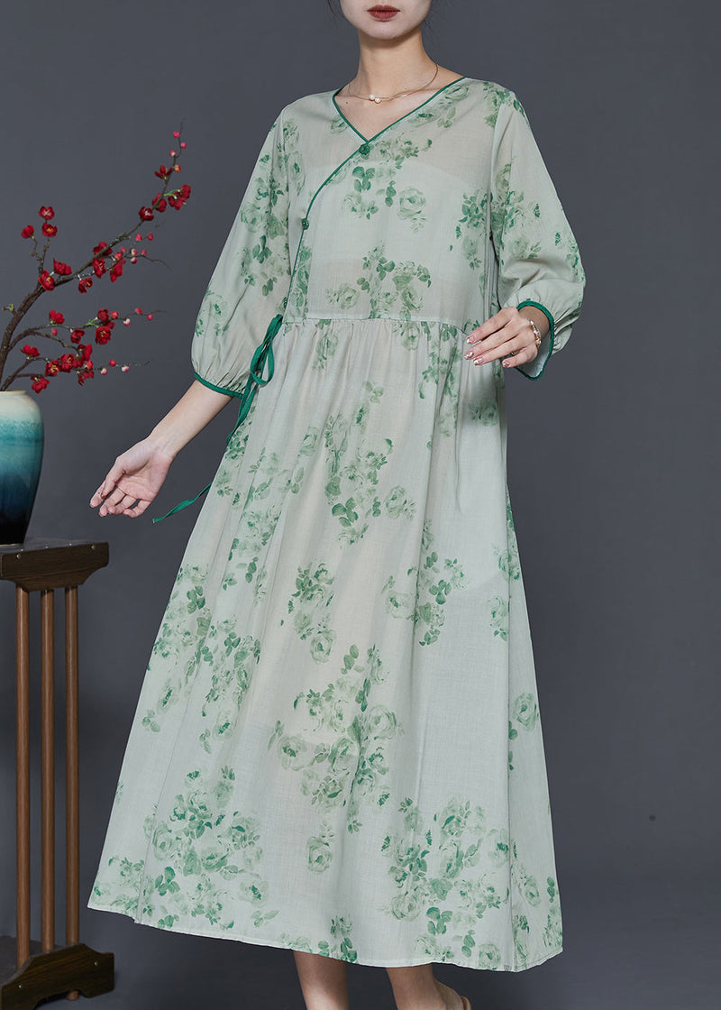 Green Print Linen Long Dress Bracelet Sleeve
