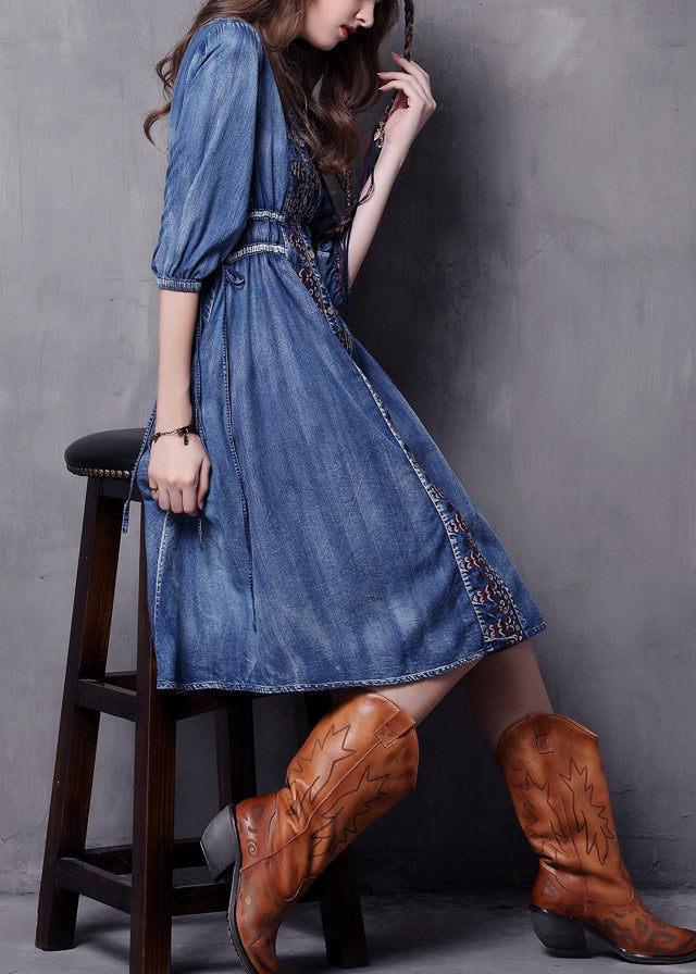 Blue V Neck Embroideried Cotton Vacation Denim Dresses Half Sleeve