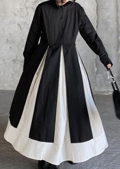 Black Stand Collar Patchwork Exra Large Hem Cotton Shirts Dresses Spring