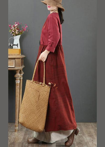 Modern Burgundy Plaid Tunic V Neck Tie Waist Maxi Spring Dress