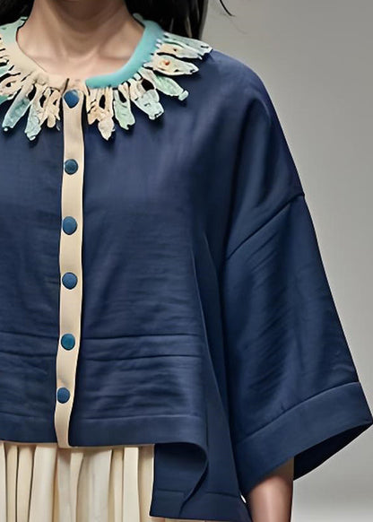 Navy Petal Neck Button Patchwork Cotton Short Coat Bracelet Sleeve