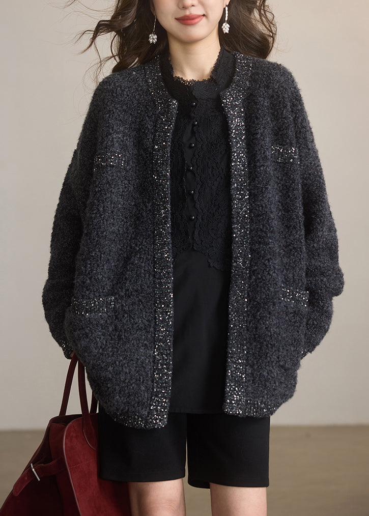Dark Grey O Neck Sequins Woolen Cardigans Winter