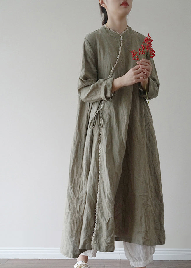 Chinese Style Green Tie Waist Linen Long Dresses Long Sleeve