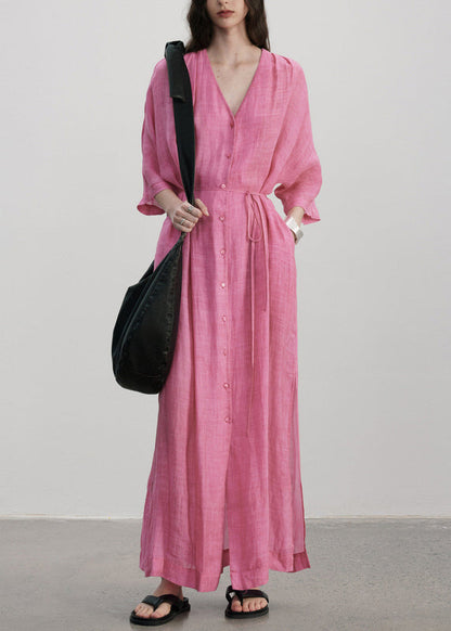 Rose V Neck Button Pockets Linen Dress Summer