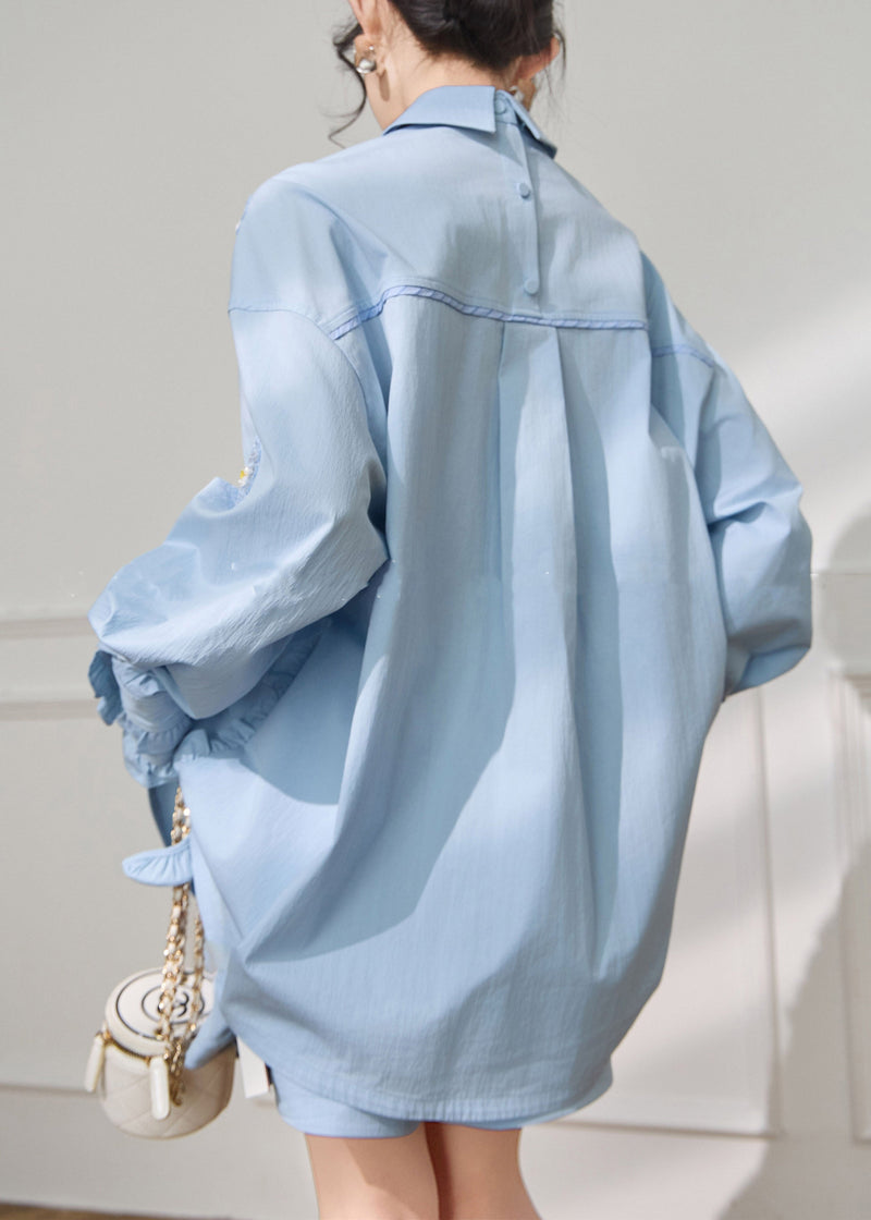 Blue Ruffled Sequins Shirts and Shorts Cotton Two Pieces Set