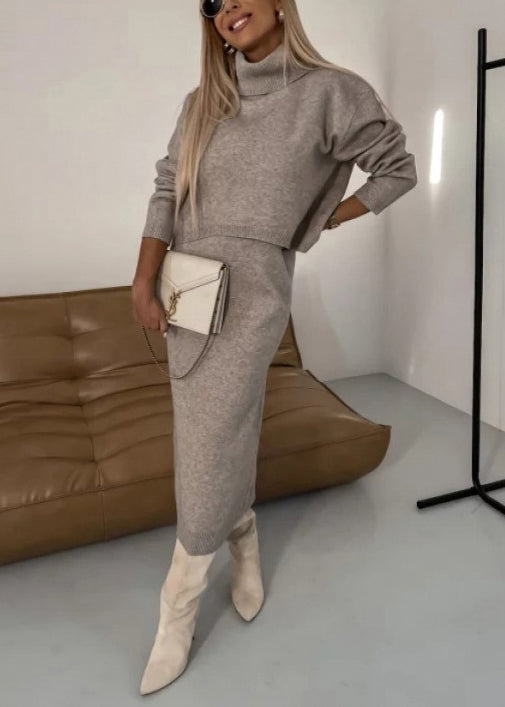 Beige Turtleneck Sweaters and Skirts Knit Two Piece Set Spring
