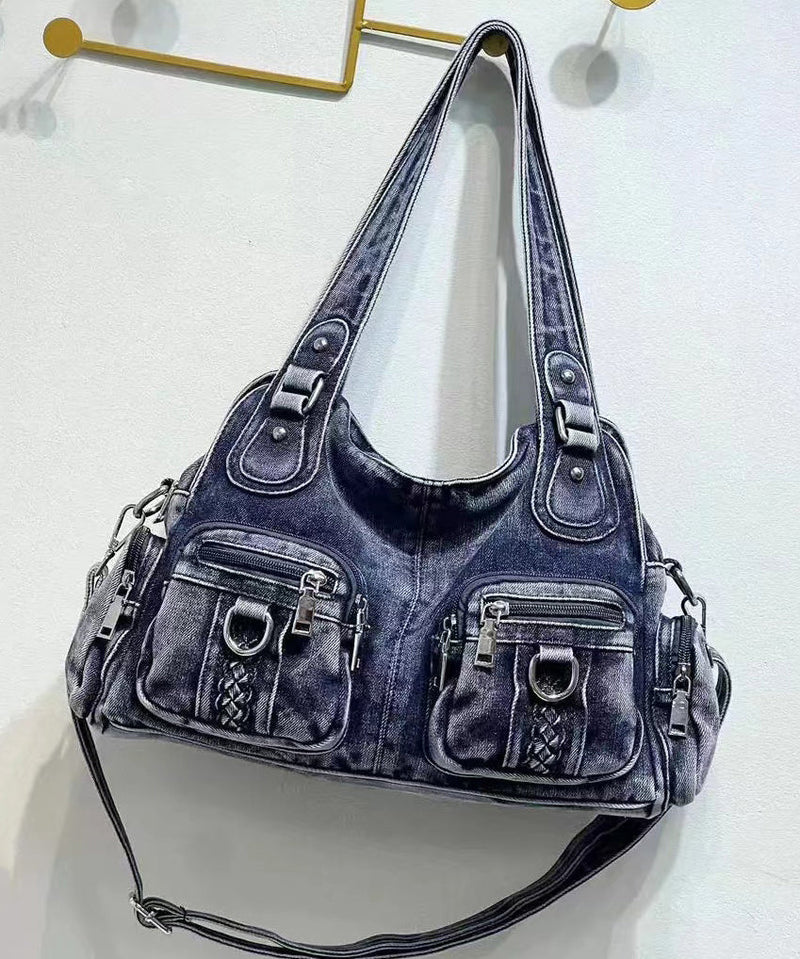 Art Blue Pockets Durable Denim Shoulder Bags