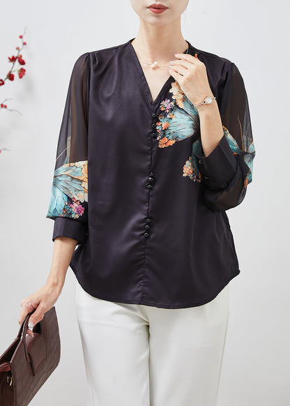 Black V Neck Butterfly Silk Blouses Spring