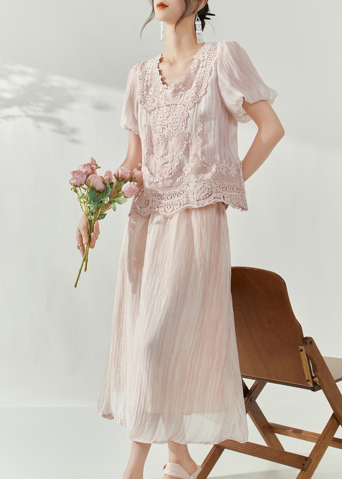 Pink Lace Patchwork Silk Cotton Top and Maxi Skirts Two Pieces Set Puff Sleeve