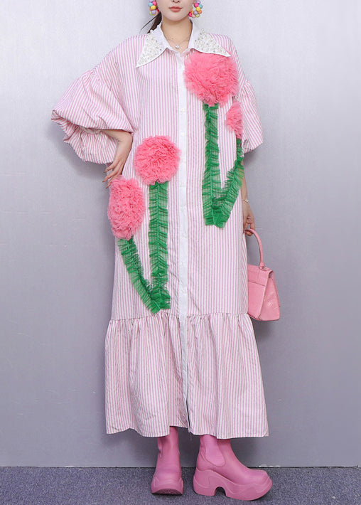 Pink Striped Flower Decorated Cotton Dresses Puff Sleeve