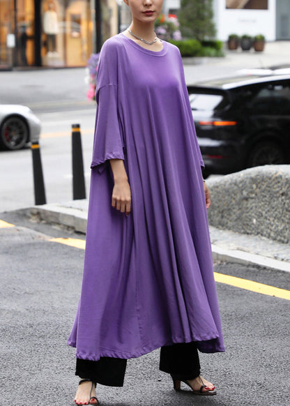 Purple O-neck Cotton Maxi Dress Long Sleeve