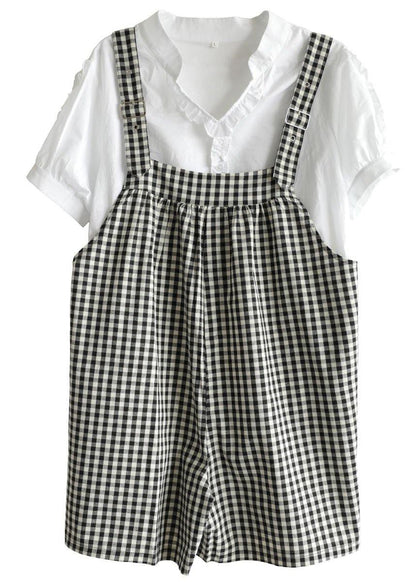 White V Neck Short Sleeve Plaid Carpenter Pants Summer Cotton Two Piece Suit Set