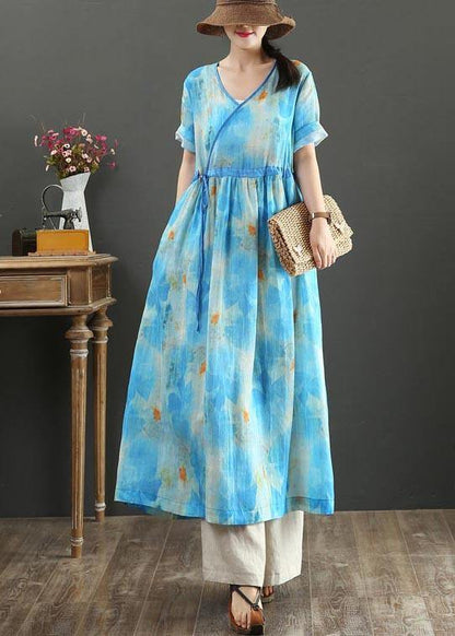 Fitted Blue Print Linen Tie Waist Summer Vacation Dresses