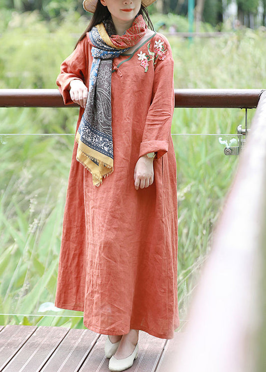 Orange V Neck Embroidery Linen Dress Long Sleeve