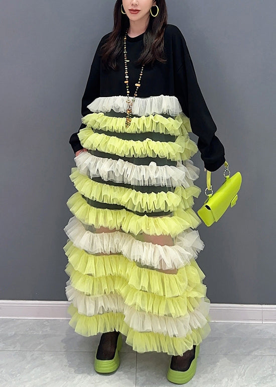 Yellow O Neck Tulle Patchwork Fluffy Dresses Long Sleeve