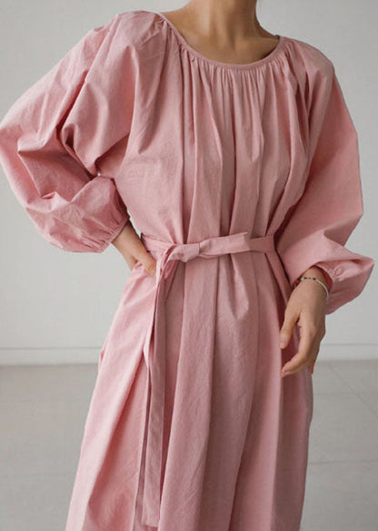 Pink O-neck Wrinkled Cotton Holiday Dress Spring