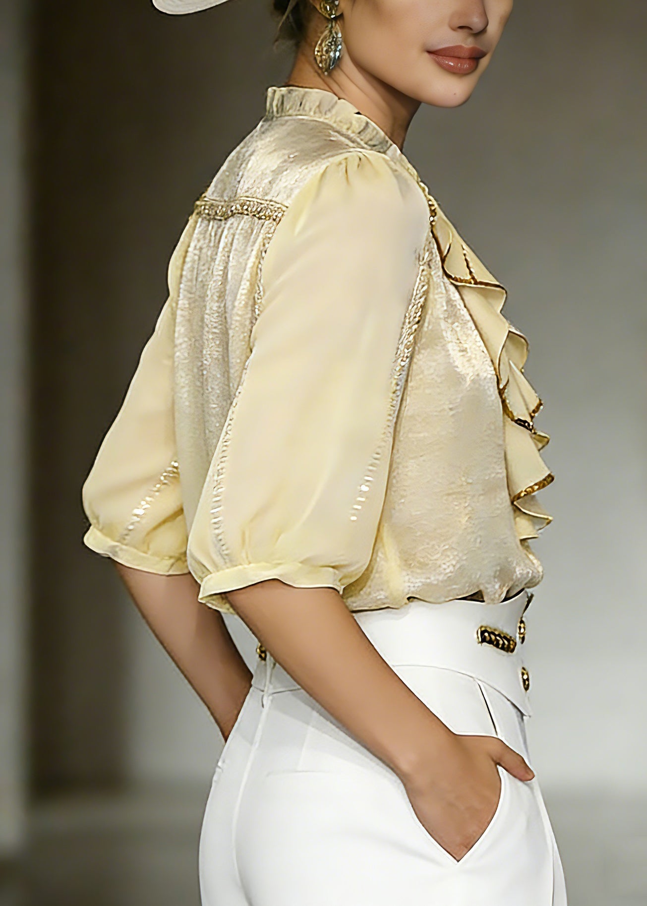 Yellow Stand Collar Ruffled Chiffon Shirt Summer