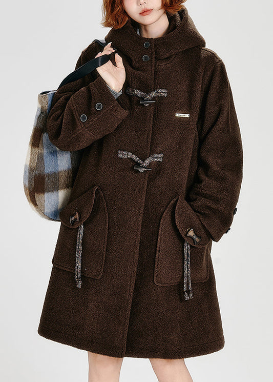 Coffee Pockets Button Woolen Hoodie Coat Winter