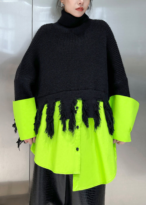 Black Turtleneck Asymmetrical Patchwork Knit Sweater Winter