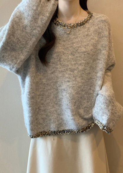 Cozy Grey Sequins Chunky Oversized Knit Sweater Tops Winter