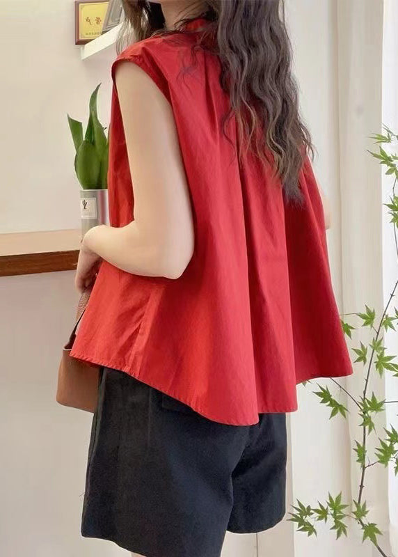 Red O Neck Button Cotton Blouses Sleeveless