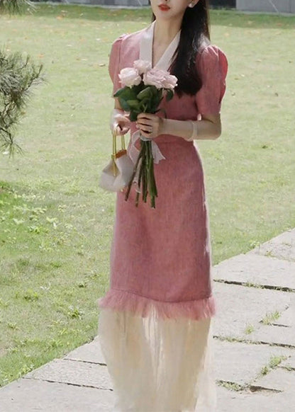 French Pink Tulle Patchwork Tops and Skirts Two Pieces Summer