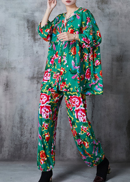 Green Print Cotton Retro Two-piece Set Oversized Summer