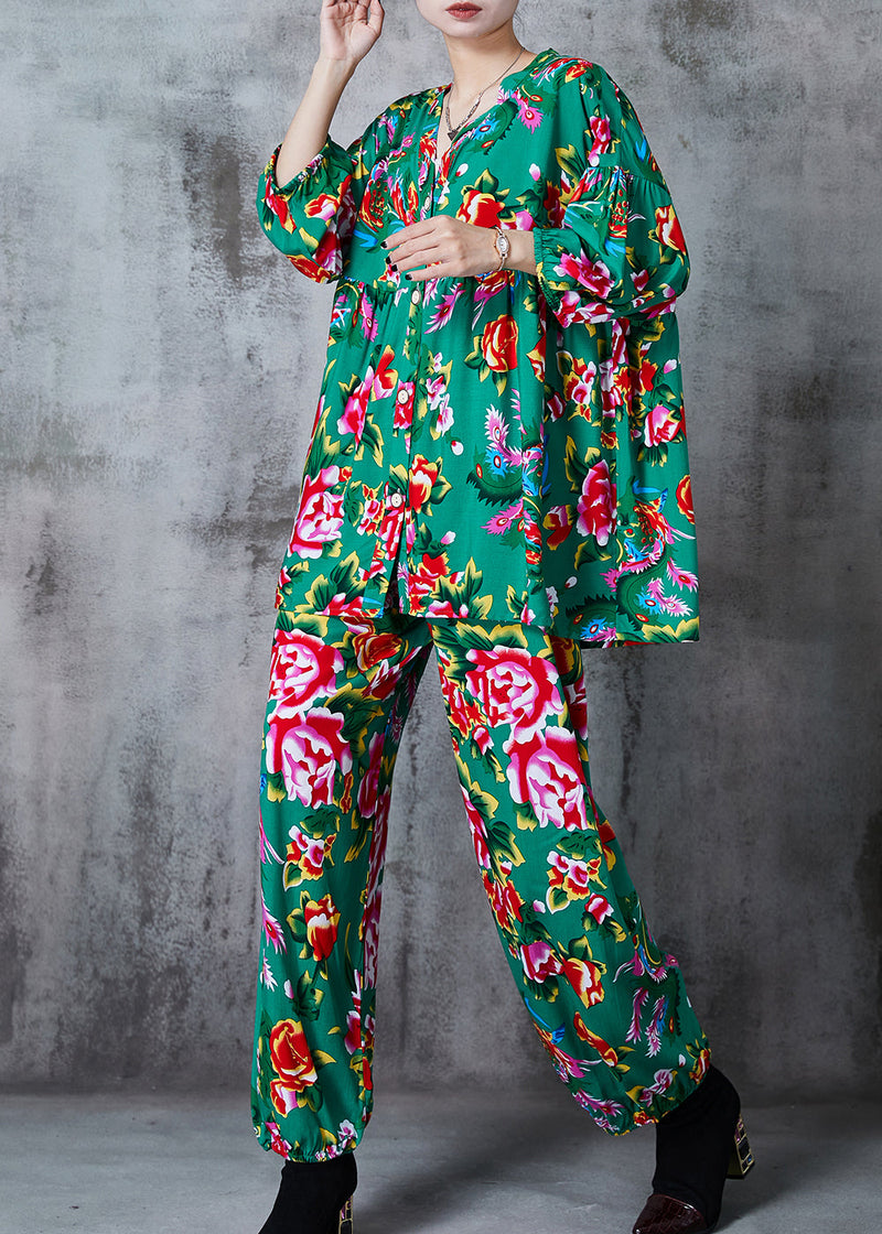 Green Print Cotton Retro Two-piece Set Oversized Summer