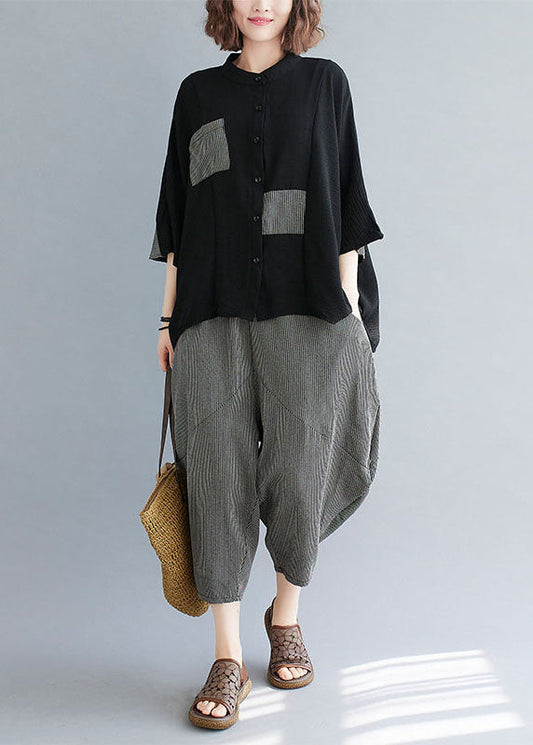 Black Striped Patchwork Stand Collar Tops and Pants Cotton Two Pieces Set Summer