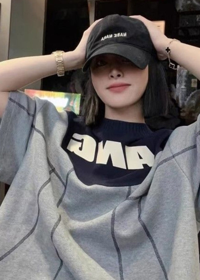 Grey O Neck Graphic Patchwork Cotton T Shirts Summer