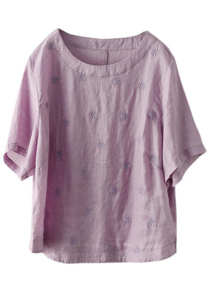 Unique White O-neck Embroideried Summer Ramie Shirt Half Sleeve