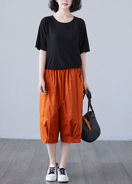 Orange Elastic Waist Patchwork Pockets Color Cotton Shorts Summer