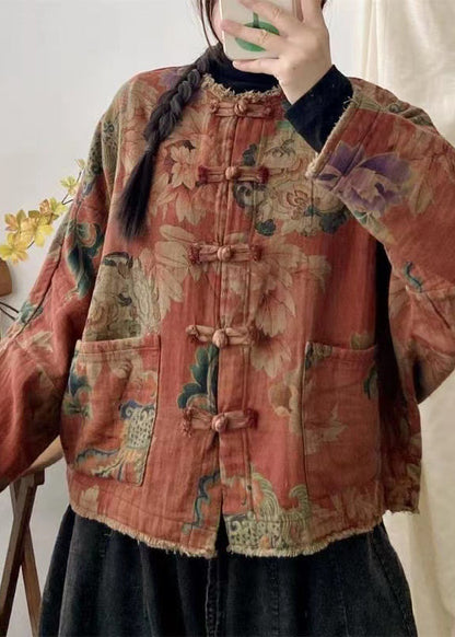 Orange Print Pockets Chinese Button Patchwork Cotton Coat Fall