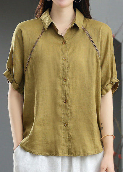 Green Peter Pan Collar Patchwork Button Linen Blouse Tops Short Sleeve