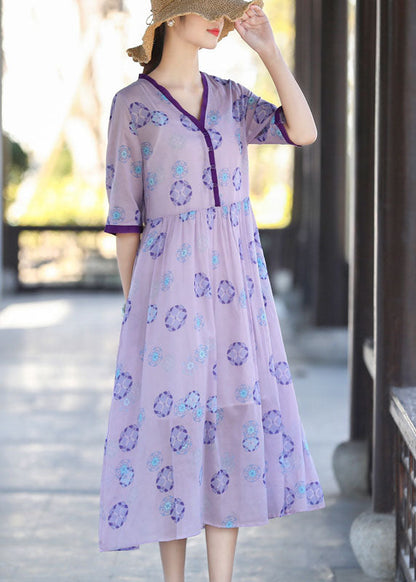 Purple V Neck Print Patchwork Wrinkled Cotton Dress Two Pieces Set Summer