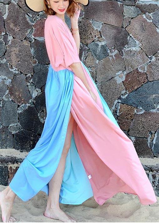 Stylish Pink Patchwork Blue Cotton Side Open Beach Gown Dresses