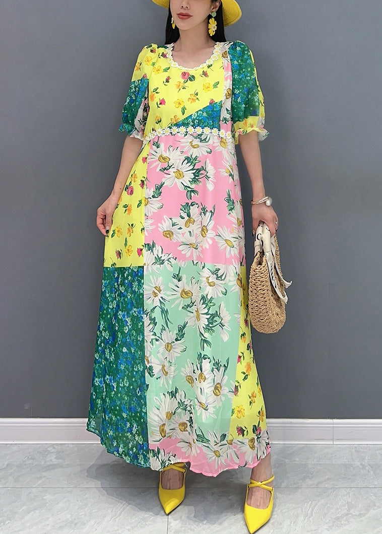 Yellow O-neck Print Patchwork Cotton Long Dress Summer