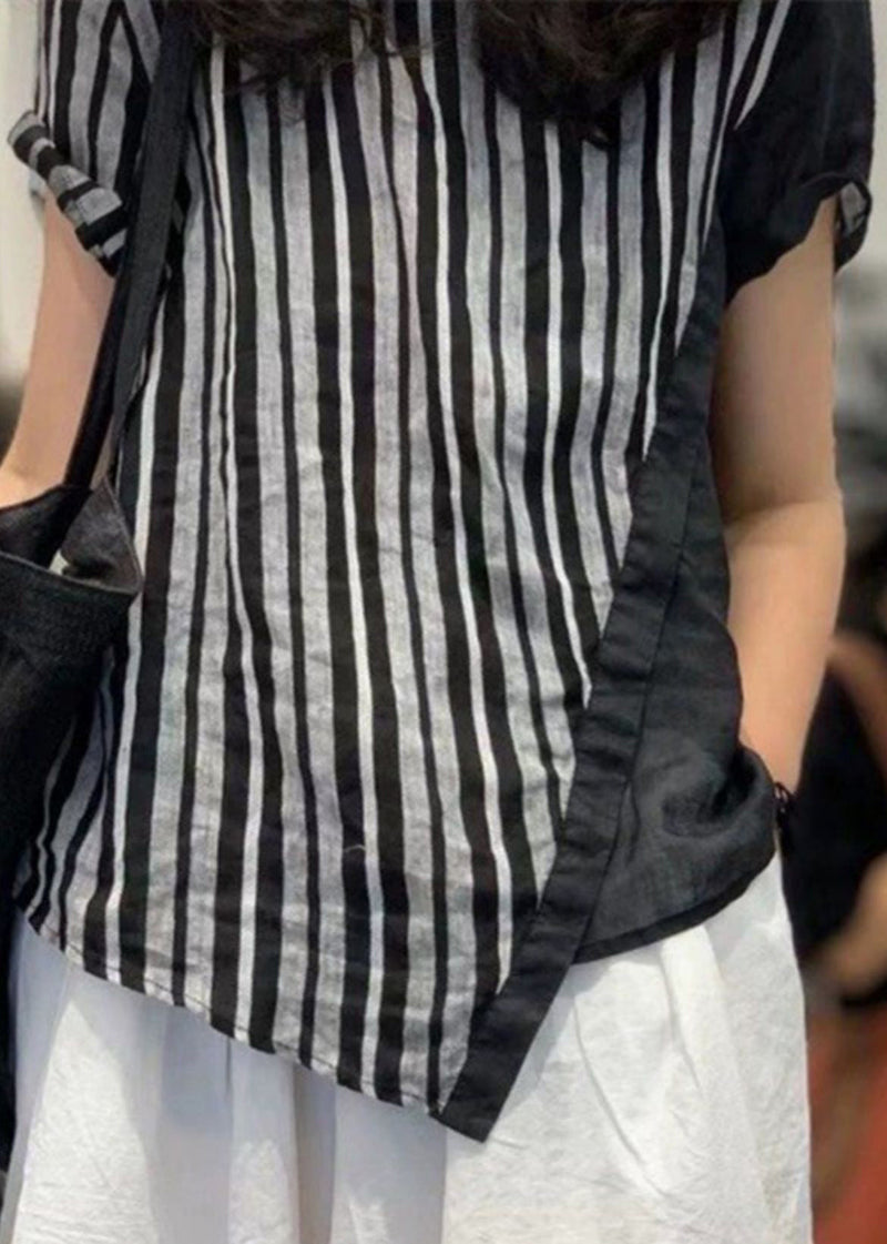 Loose Striped O-neck Patchwork Cotton T Shirts Summer