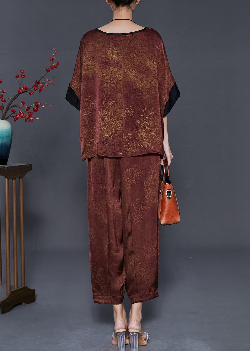 Brown Oversized Print Silk Two Pieces Set Summer