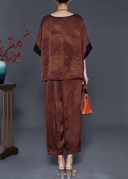 Brown Oversized Print Silk Two Pieces Set Summer