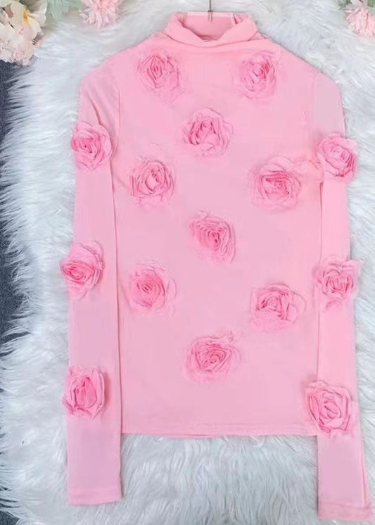 Pink Turtleneck Tulle Top Long Sleeve
