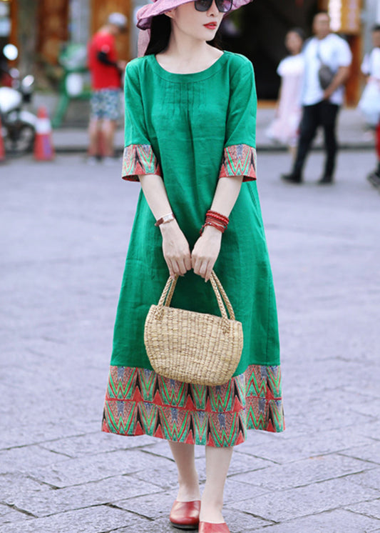 Green O Neck Patchwork Cotton Long Dresses Half Sleeve
