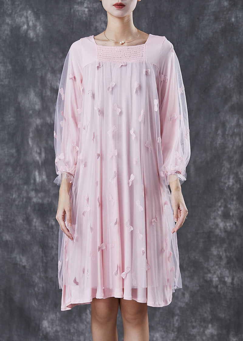 Pink Bow Square Collar Tulle Maxi Dresses Spring