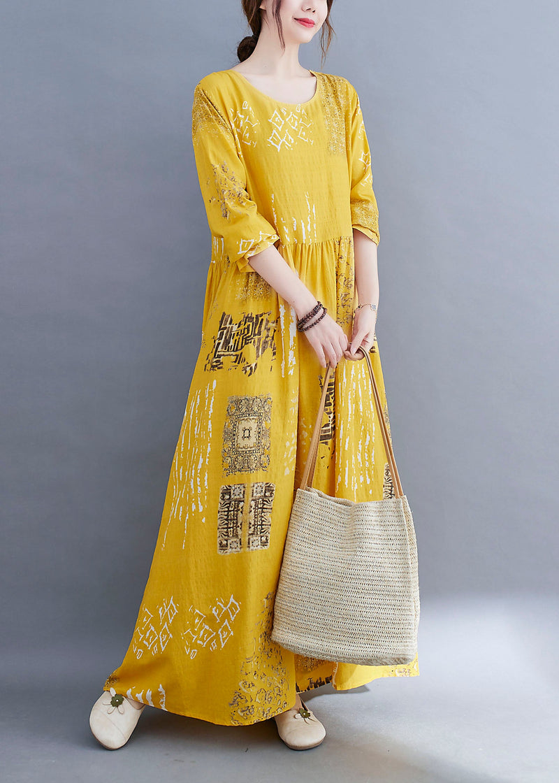 Modern Yellow O-neck Button Print Dress Spring